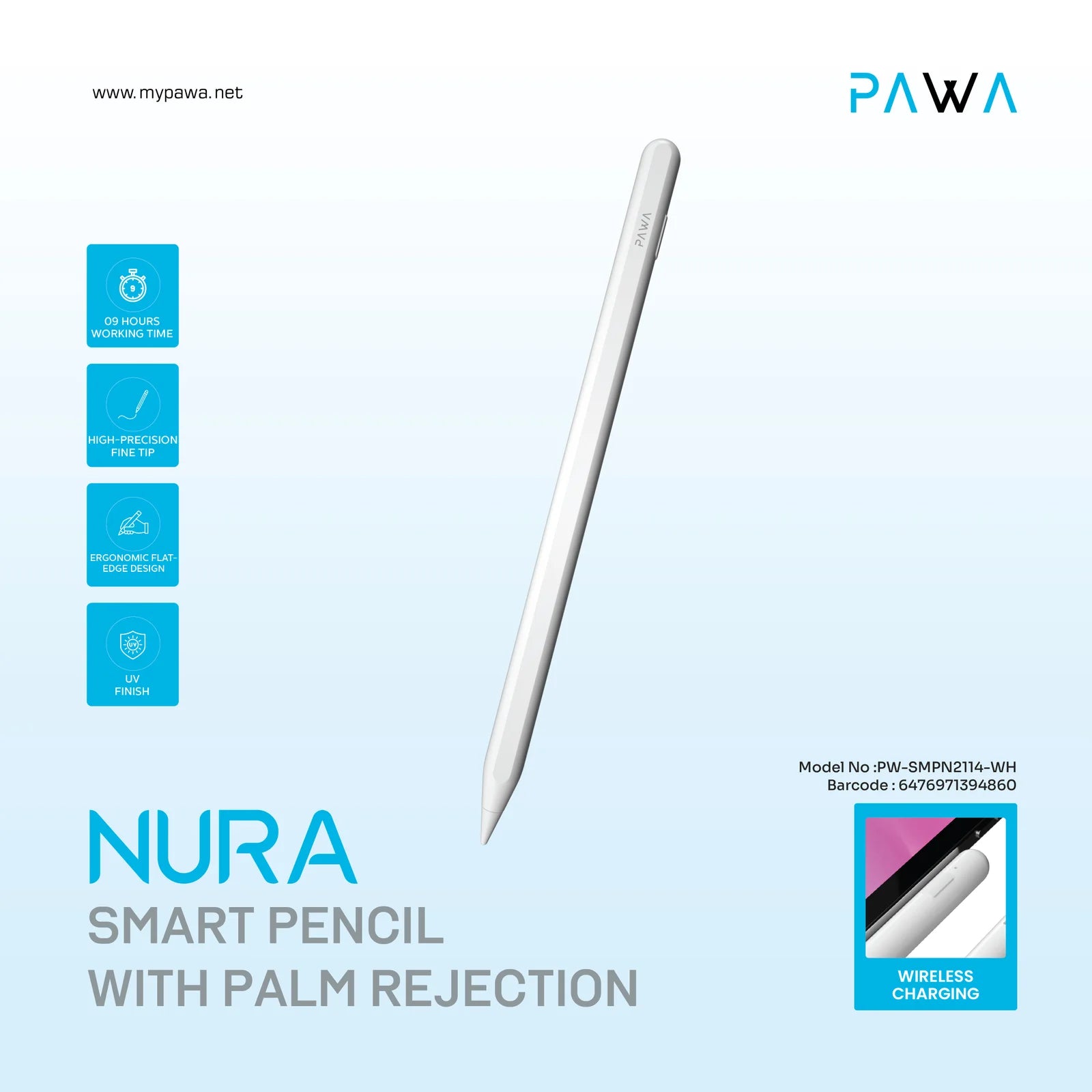 Pawa Nura Smart Pencil with Palm Rejection — White