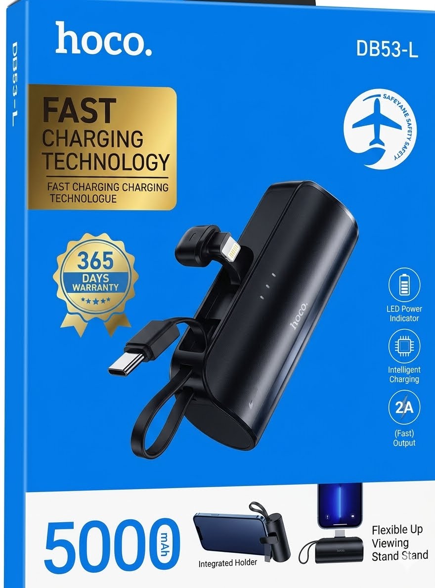 Hoco DB53-L 5000mAh Pocket Power Bank with Built-in Type-C and Lightning Compatible