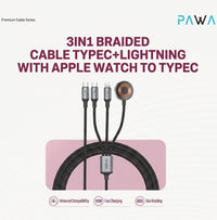 Pawa 3-in-1 100W Braided Cable USB-C + Lightning + Apple Watch Charger to USB-C 1.2m