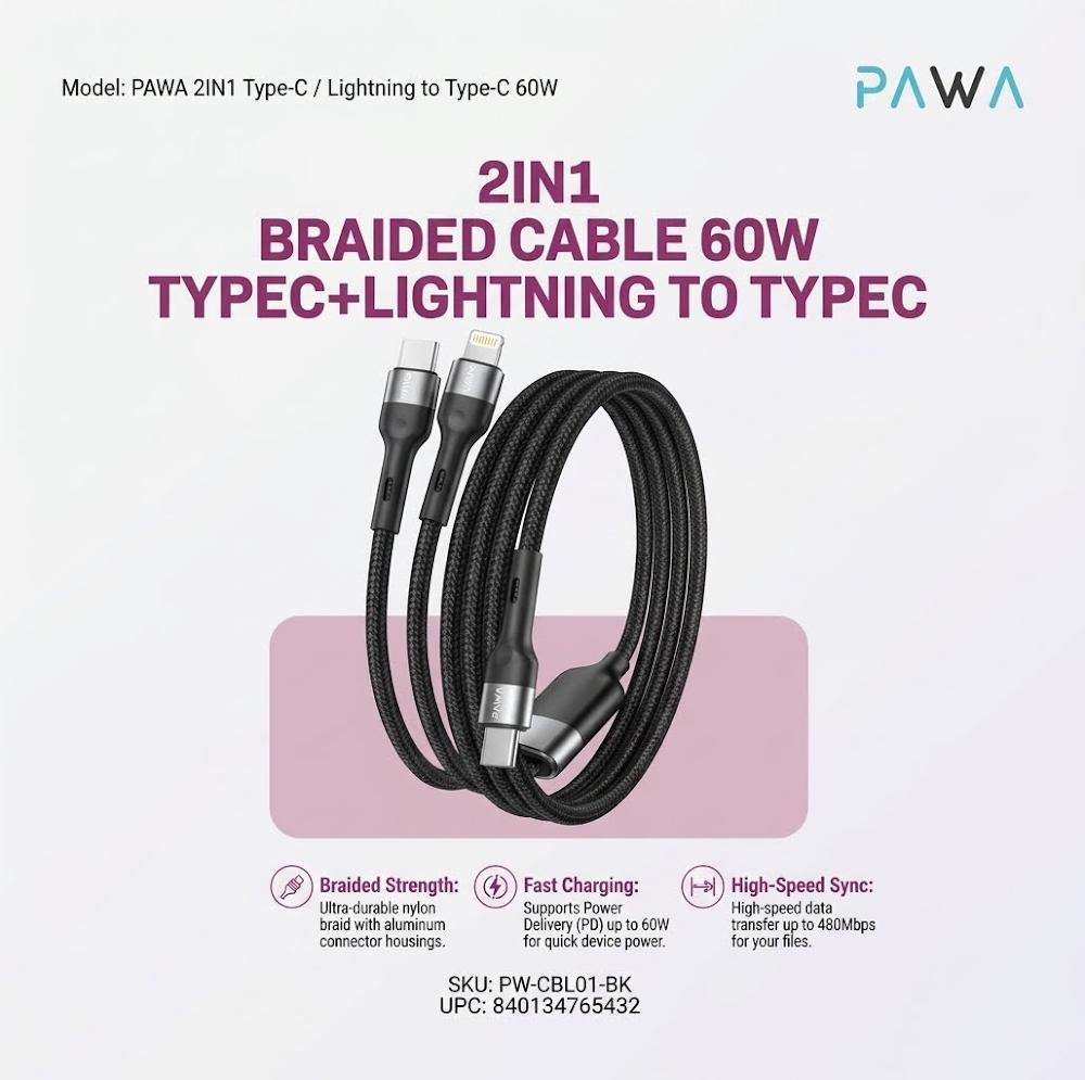 Pawa 2-in-1 60W Braided Cable USB-C + Lightning to USB-C 1.2m