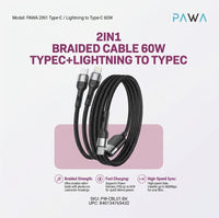 Pawa 2-in-1 60W Braided Cable USB-C + Lightning to USB-C 1.2m