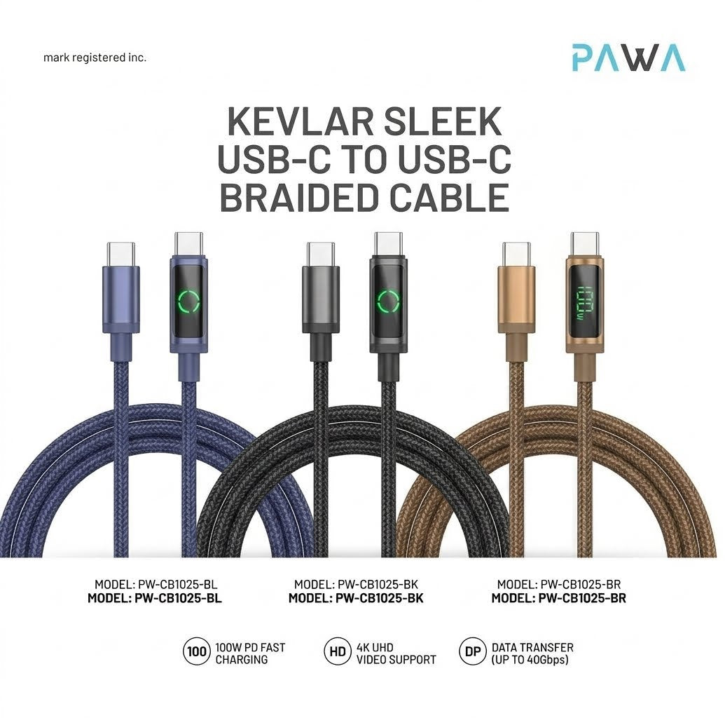 Pawa Kevlar Sleek 60W USB-C to USB-C Braided Cable with LED Display 1m