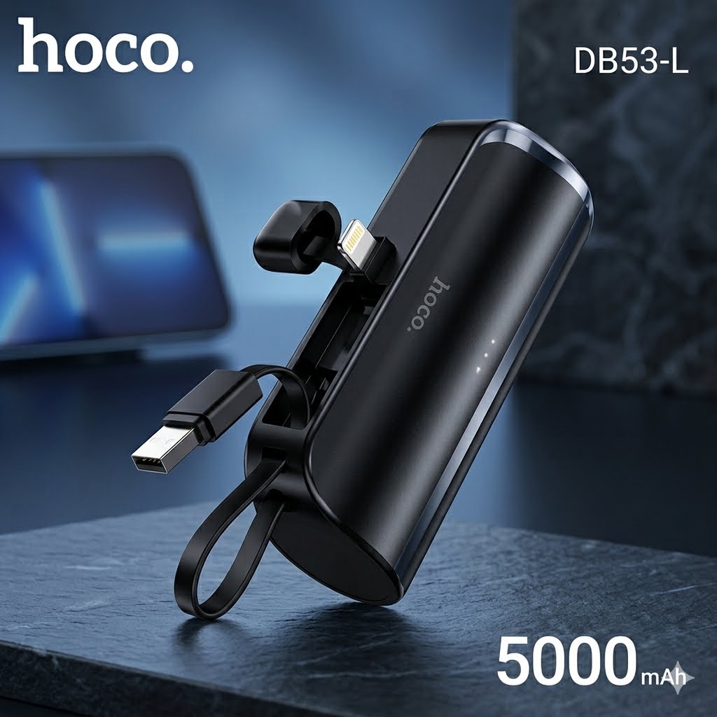Hoco DB53-L 5000mAh Pocket Power Bank with Built-in Type-C and Lightning Compatible
