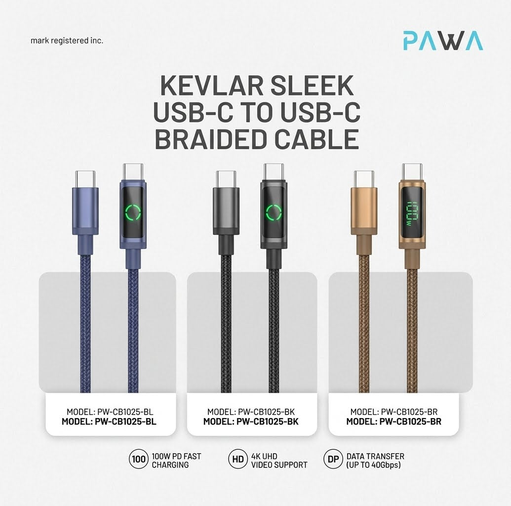 Pawa Kevlar Sleek 60W USB-C to USB-C Braided Cable with LED Display 1m