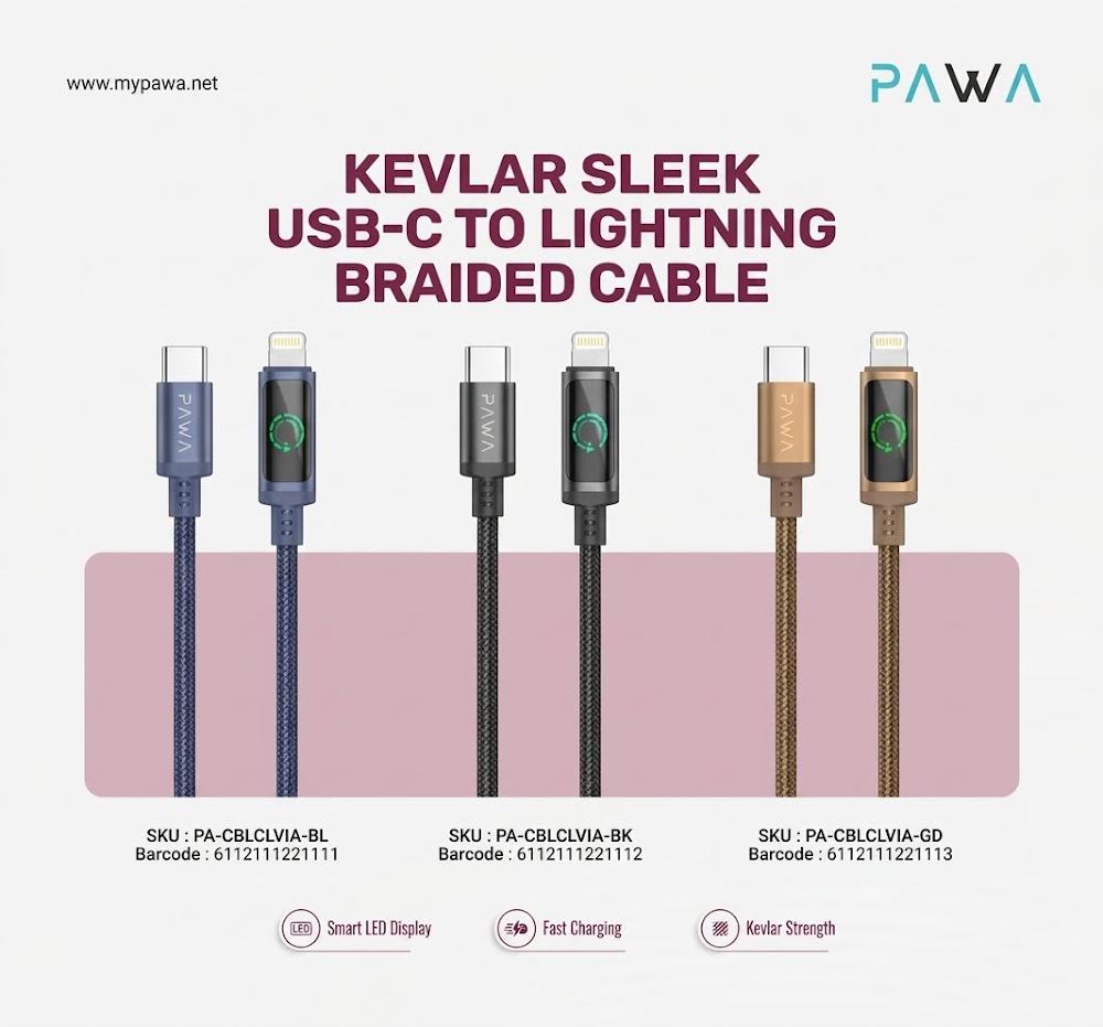 Pawa Kevlar Sleek 30W USB-C to Lightning Braided Cable with LED Display 1m