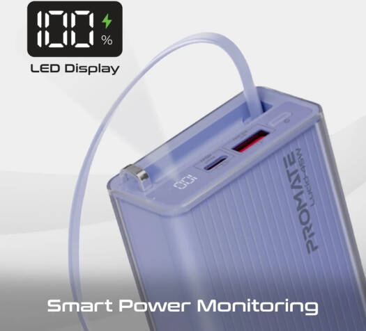 Promate Lucid-45W 20000mAh Power Bank with Retractable USB-C Cable