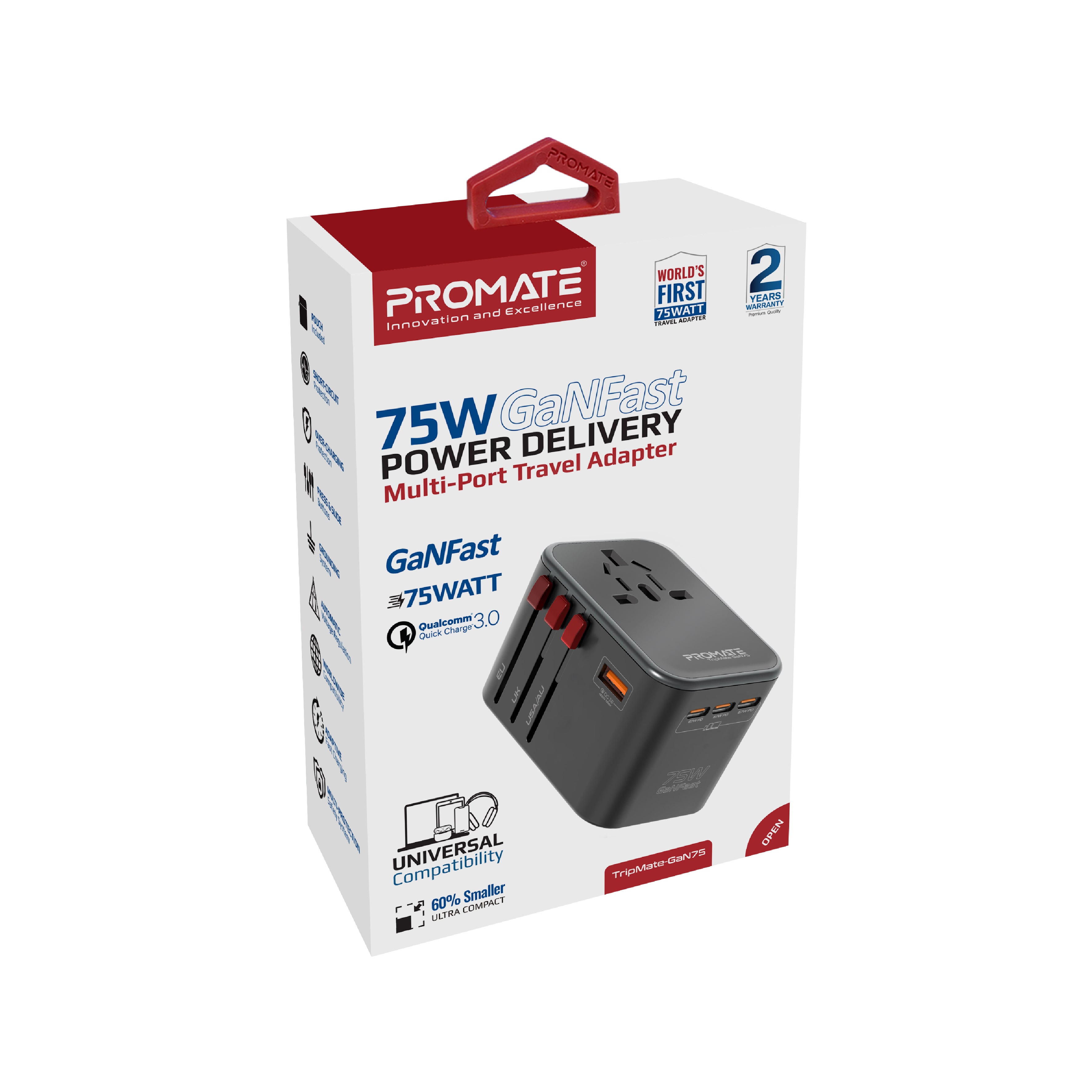 Promate TripMate GaN75 75W Travel Adapter