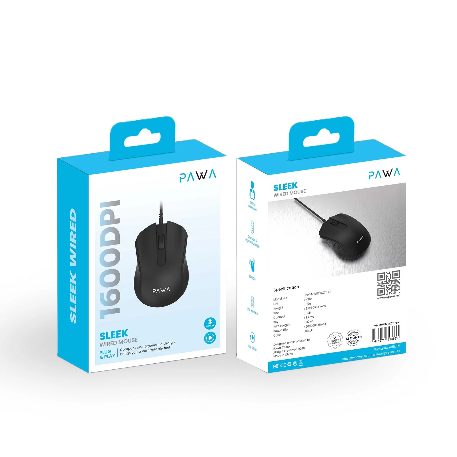 Pawa PW-MWN2TC20-BK Sleek Wired Mouse - Black