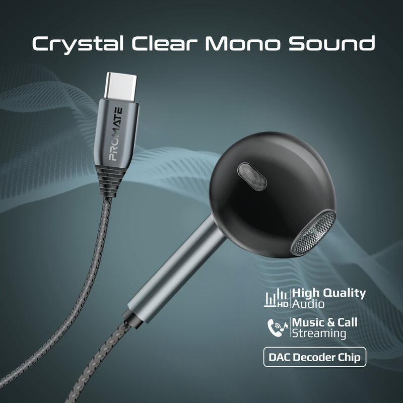 Promate Laxi-M USB-C ENC Mono Wired Earphone