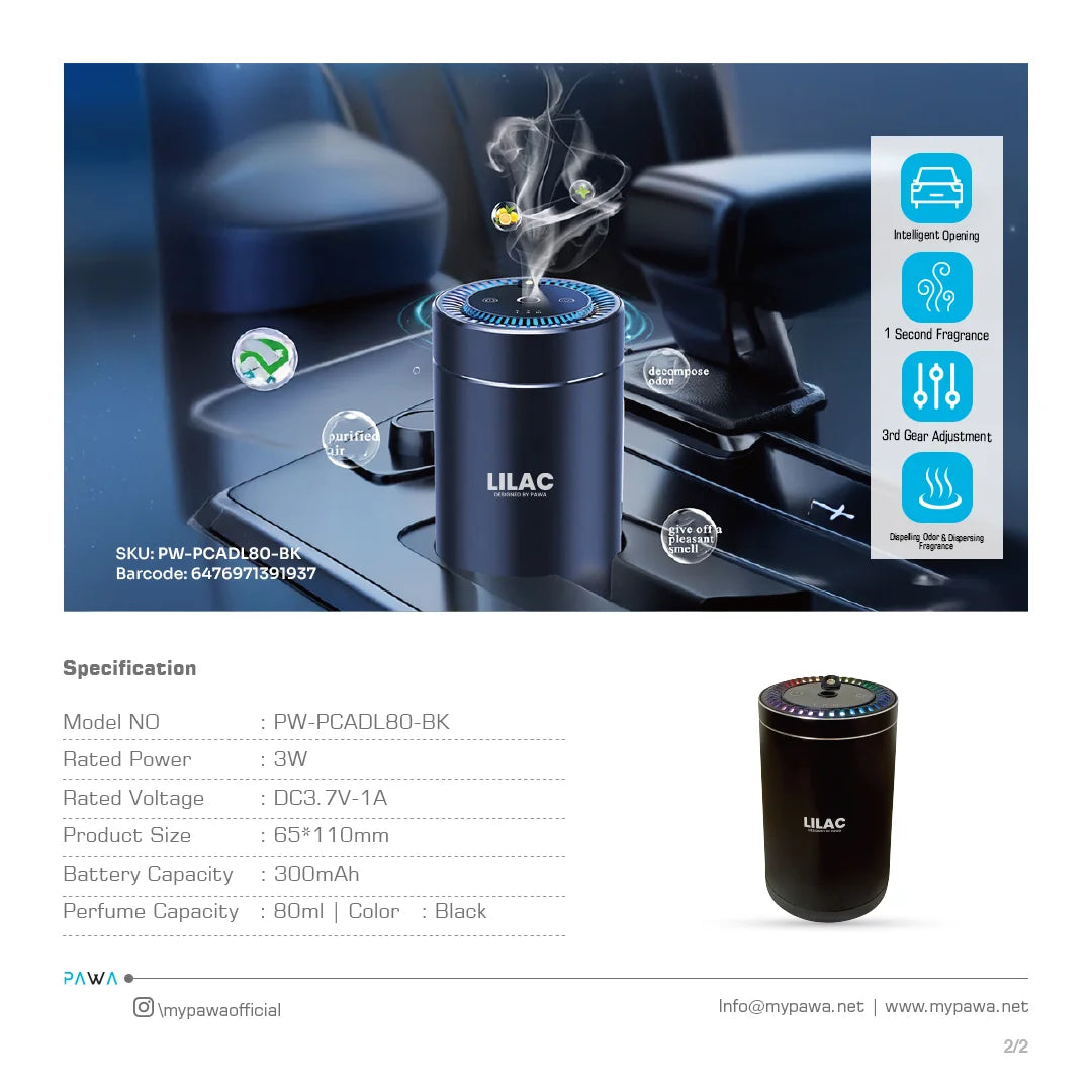 Pawa PW-PCADL80-BK Lilac Aroma Diffuser with Starry Light - Black