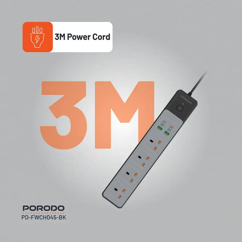 Porodo PD-FWCH045 4AC 65W 3000W Power Strip UK