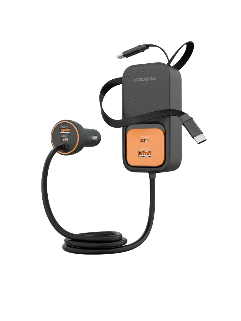 Porodo PDCCR32 Enzo 135W Multi-Port Car Charger with Dual Retractable Cables