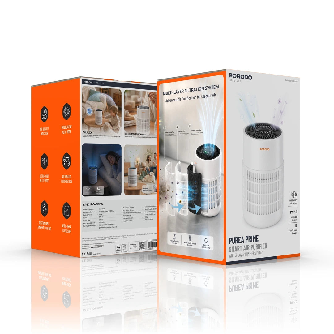 Porodo Lifestyle PDLFSTDK08 Purea Prime Smart Air Purifier with 3-Layer H13 HEPA Filter