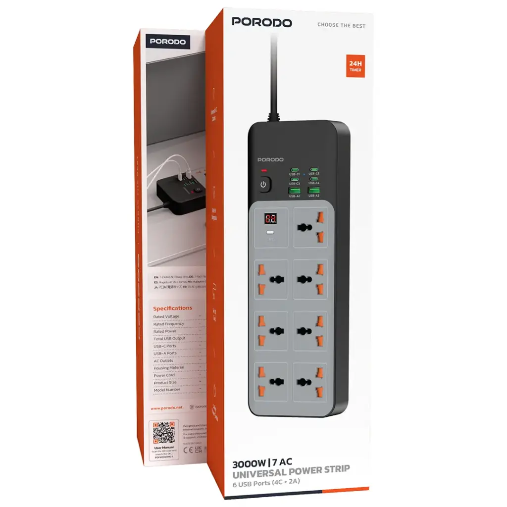Porodo PDFWCH099 / PDFWCH100 3000W Universal Power Strip with 6 USB Ports UK