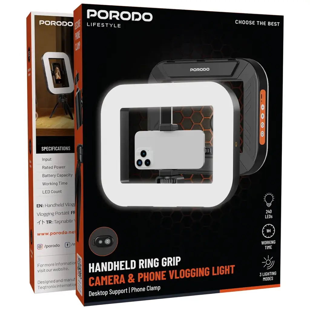 Porodo Lifestyle PDLFST214 Handheld Ring Light Grip with Phone Clamp & Desktop Stand