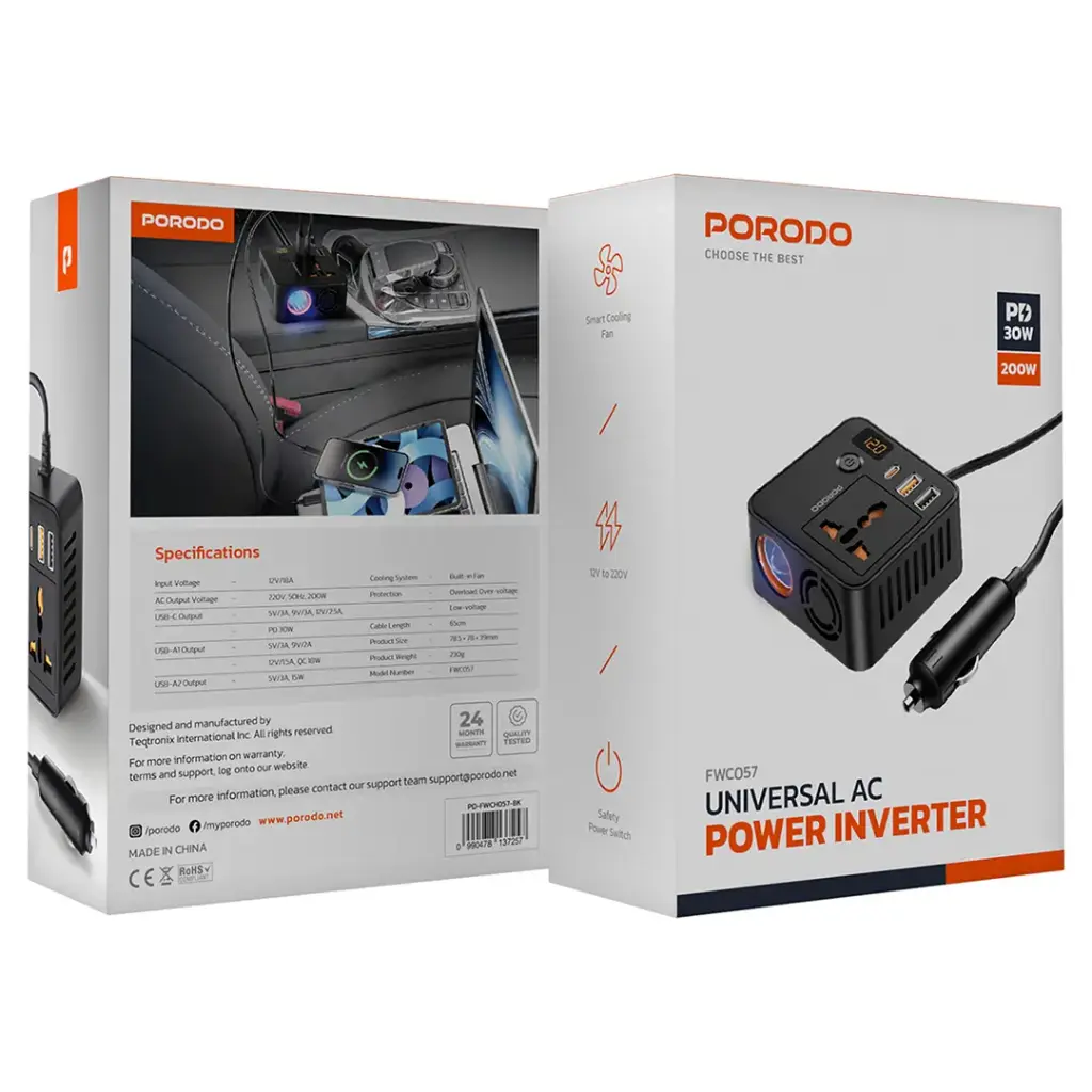 Porodo PD-FWCH057 200W Universal AC Power Inverter