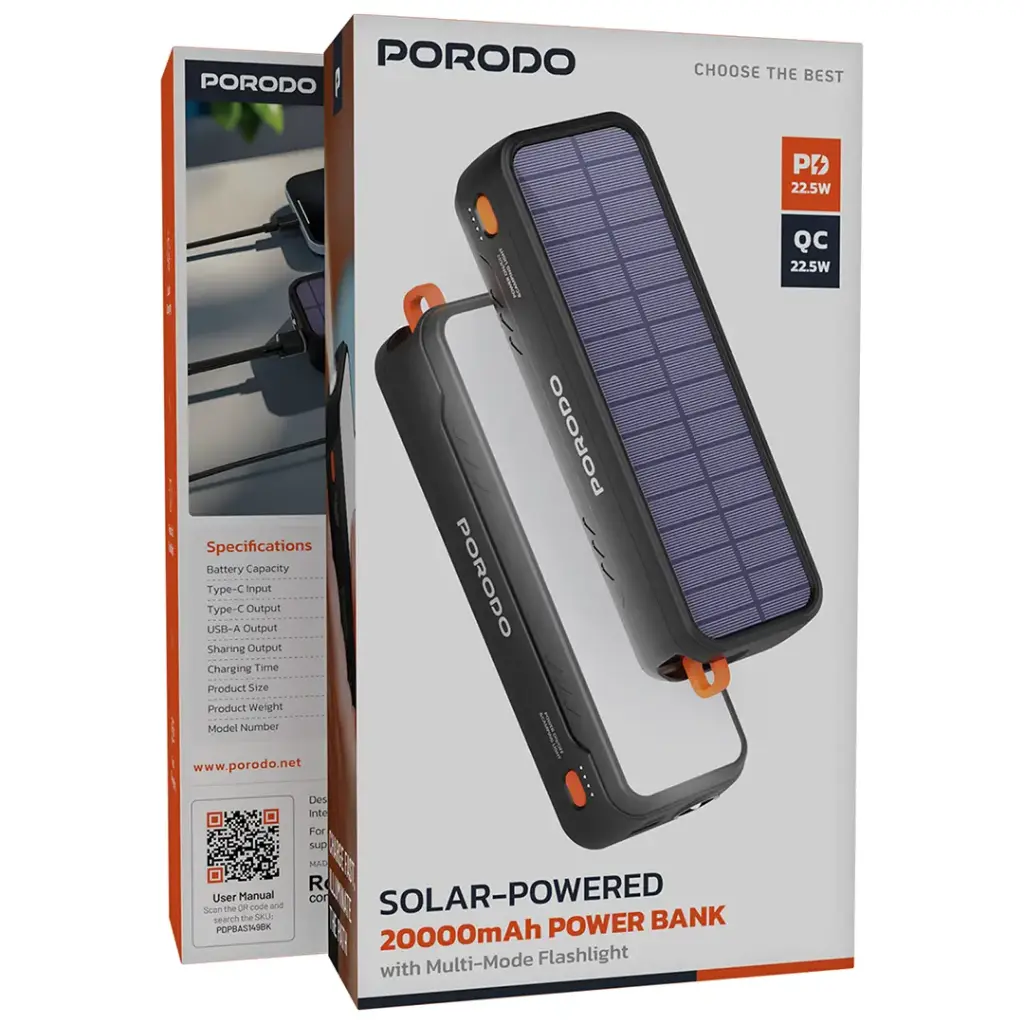 Porodo PDPBAS149 20000mAh Solar Power Bank with Flashlight