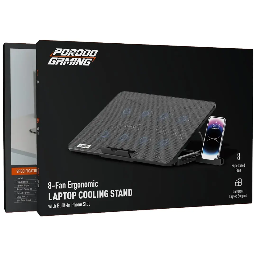 Porodo Gaming PDXF5CP 8-Fan Laptop Cooling Stand with Phone Slot