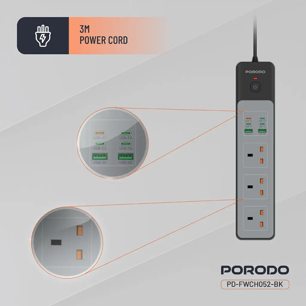 Porodo PD-FWCH052 3AC 45W Power Strip UK