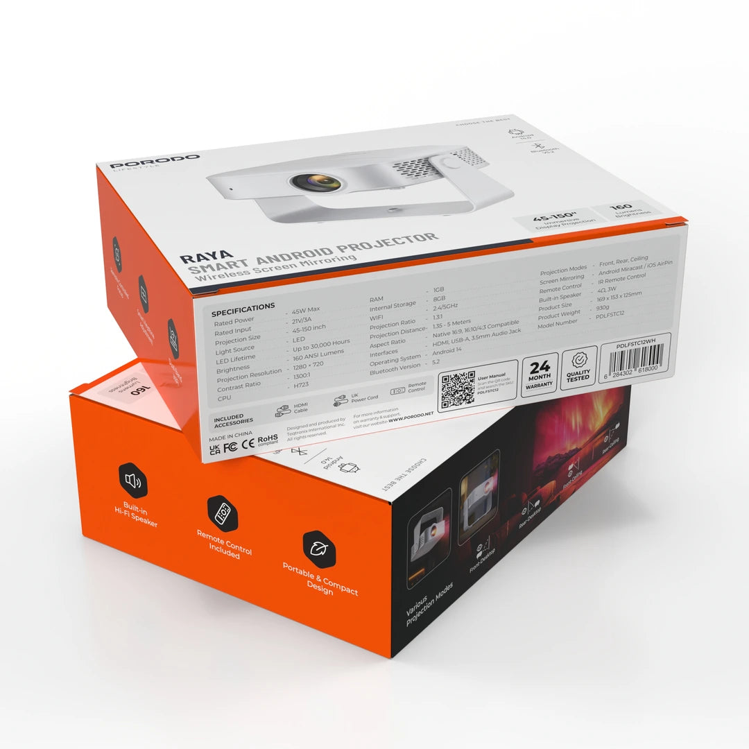 Porodo Lifestyle Raya Smart Android 14 Projector 720p