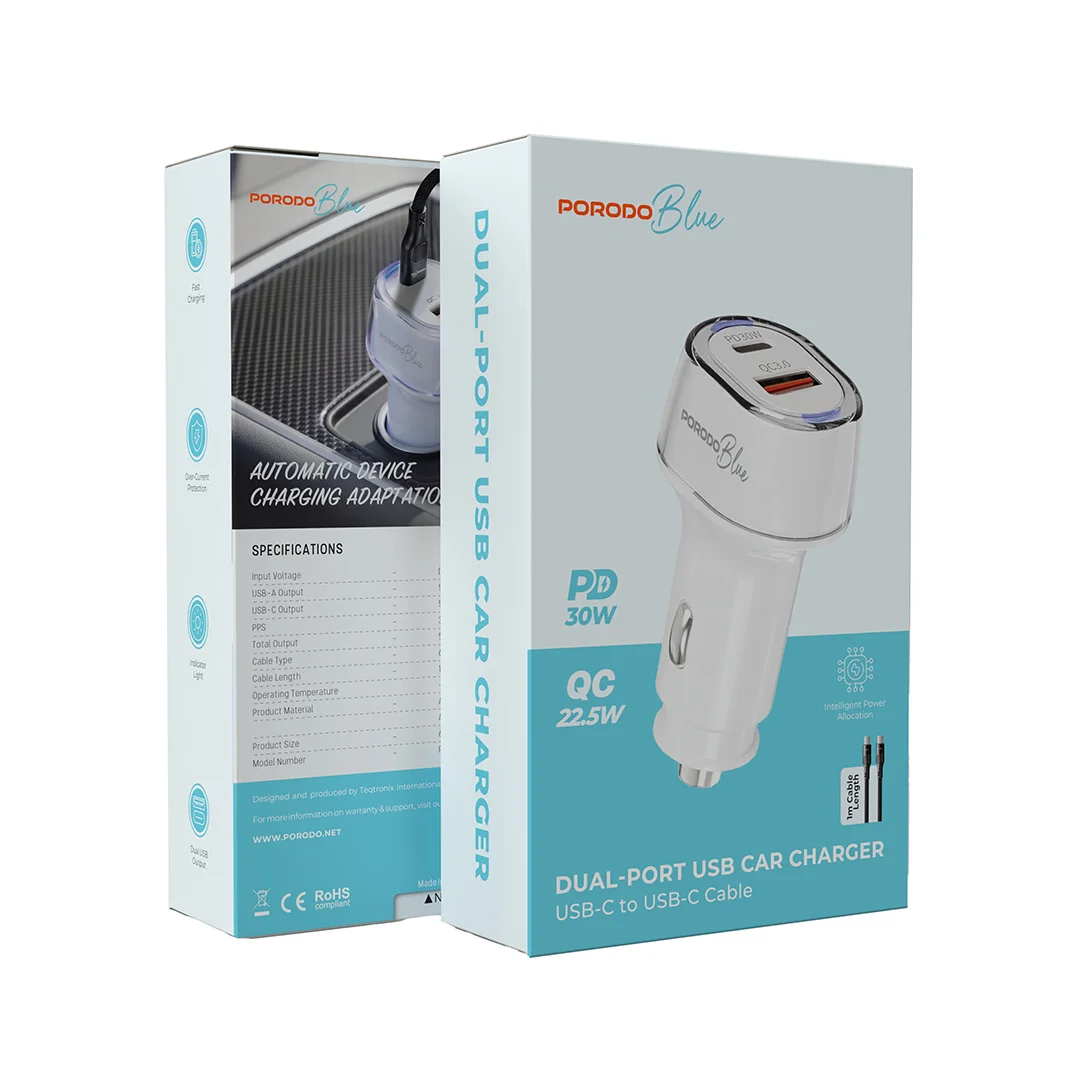 Porodo Blue PBJMM126 52.5W Dual-Port USB Car Charger