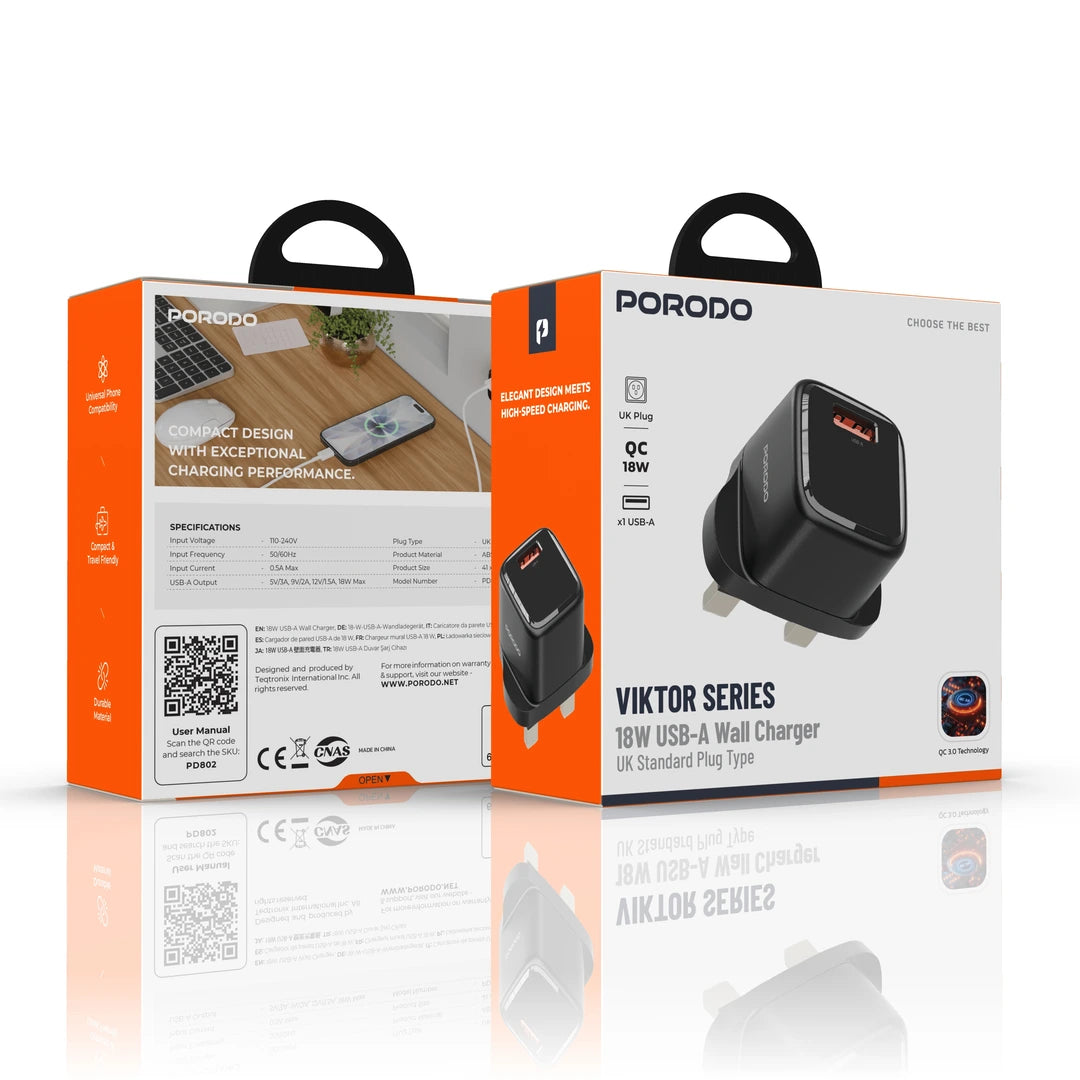Porodo PD802 Viktor Series 18W QC 3.0 USB-A Wall Charger UK