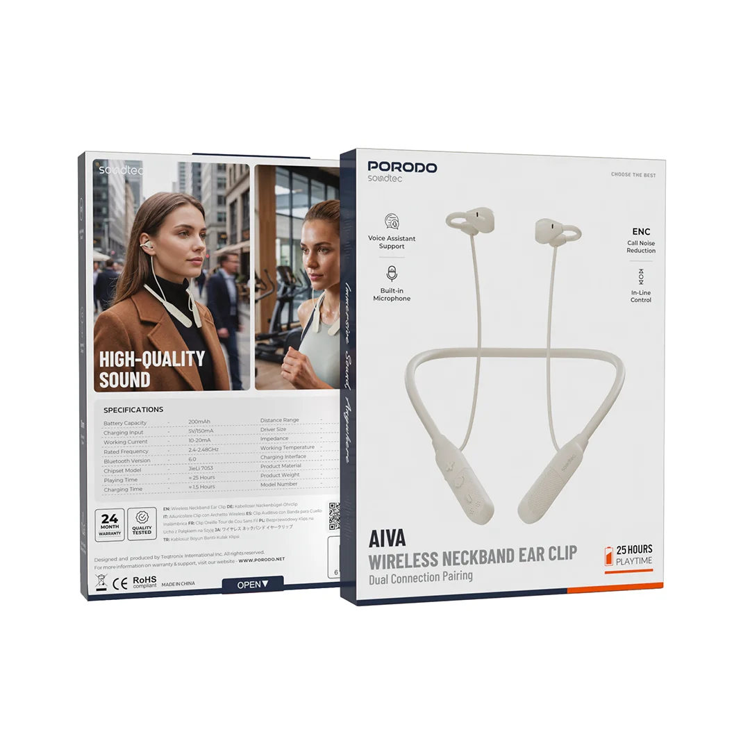 Porodo Soundtec PDSTY9V AIVA Wireless Neckband with Ear Clip & Dual Connection