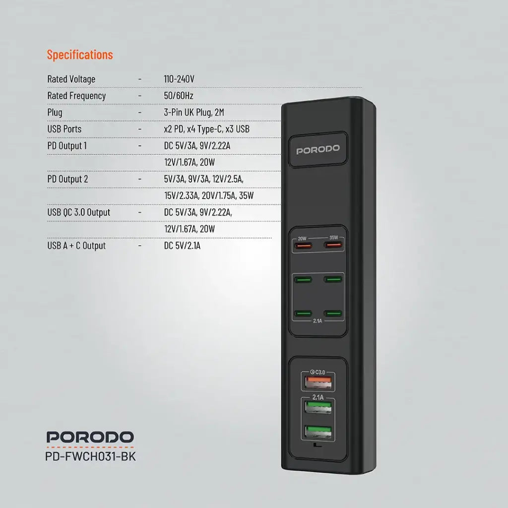 Porodo PD-FWCH031 85W 9-Port USB Charging Hub UK