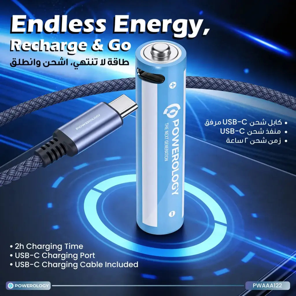 Powerology AAA 2-Pack USB-C Rechargeable Batteries