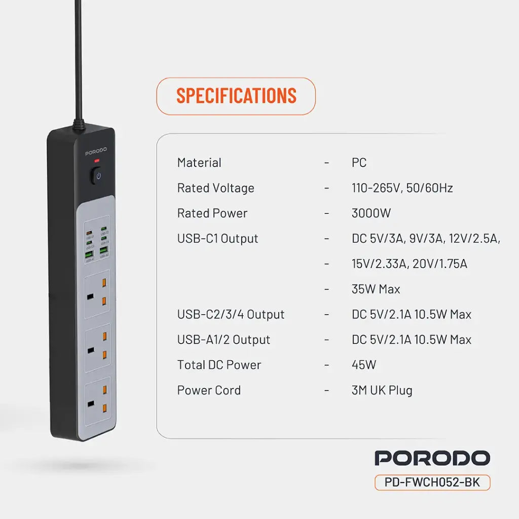 Porodo PD-FWCH052 3AC 45W Power Strip UK