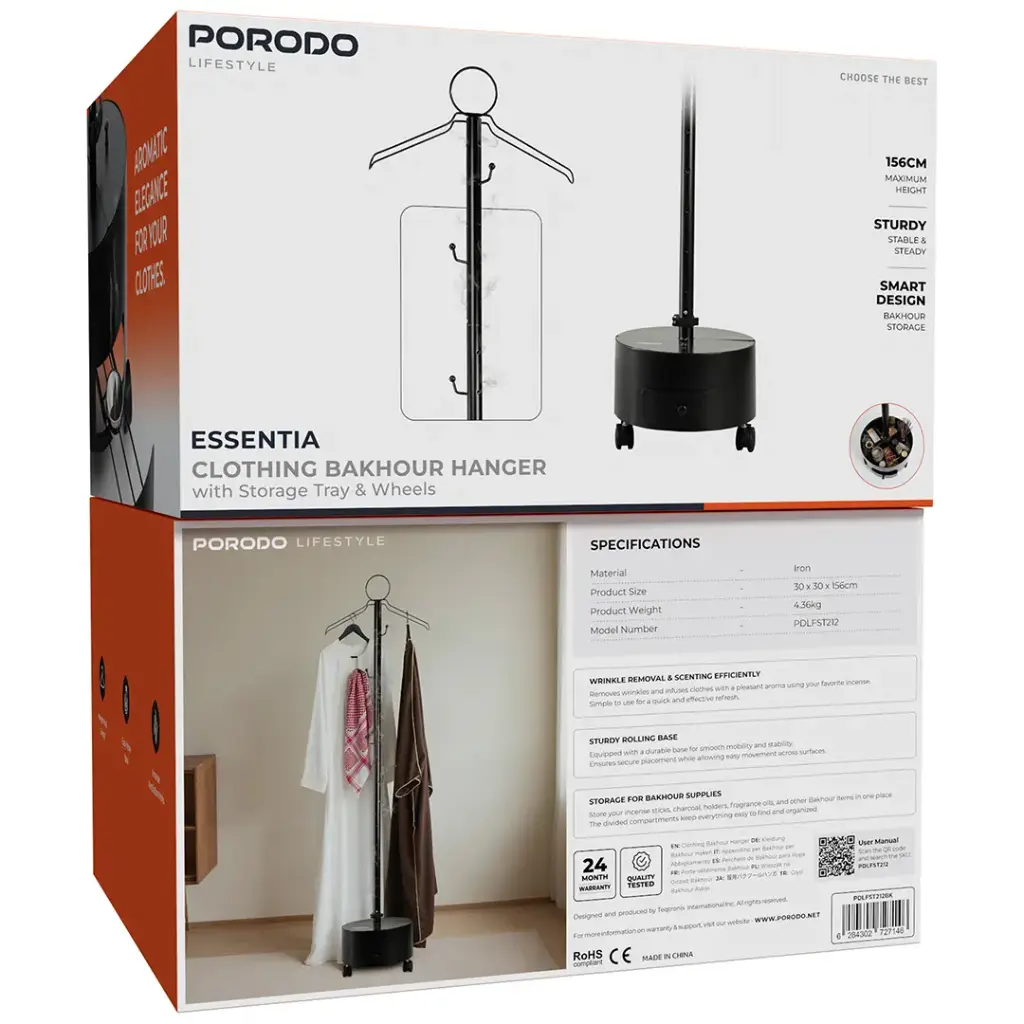 Porodo Lifestyle PDLFST212 Essentia Clothing Bakhour Hanger with Storage Tray & Wheels