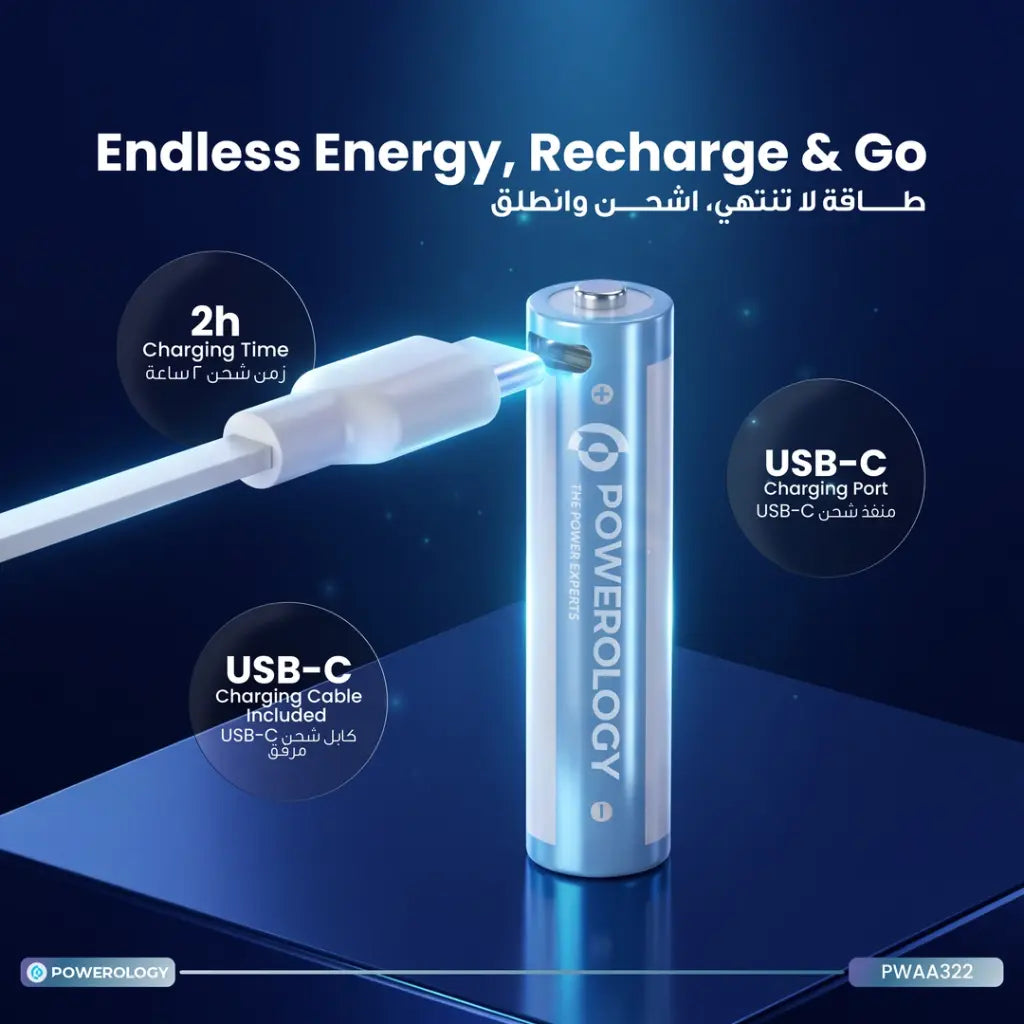 Powerology AA 2-Pack USB-C Rechargeable Batteries