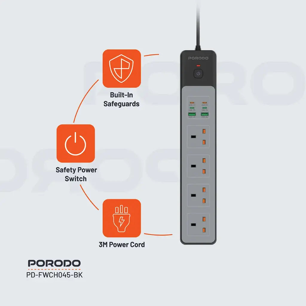 Porodo PD-FWCH045 4AC 65W 3000W Power Strip UK