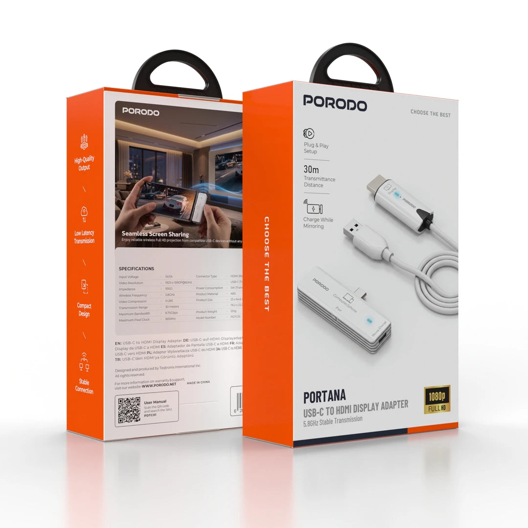 Porodo PDTC01 Portana Wireless USB-C to HDMI Display Adapter 1080p
