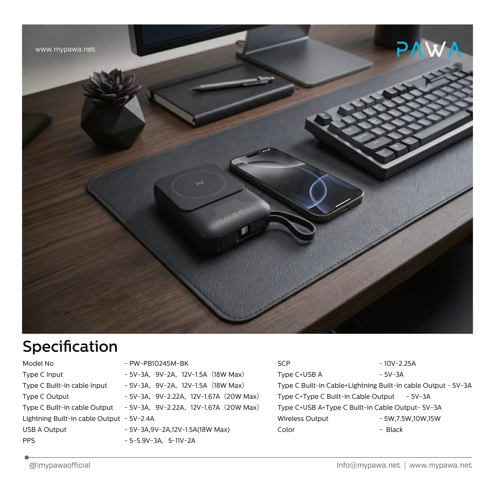 Pawa AuraGrip 22.5W 10000mAh MagSafe Power Bank with Built-in Lanyard Cable