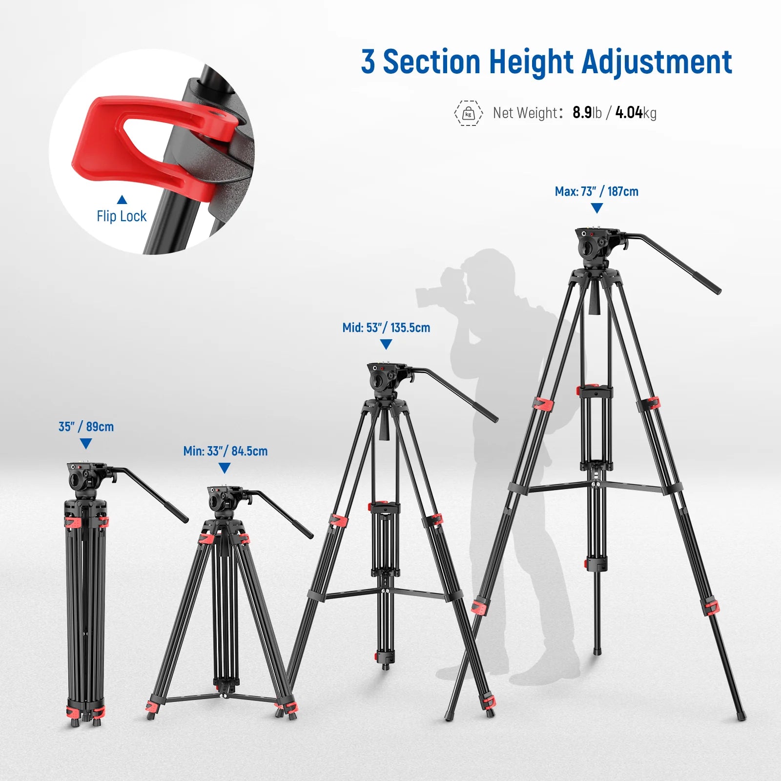 Neewer TP37 Adjustable Video Tripod with Fluid Head