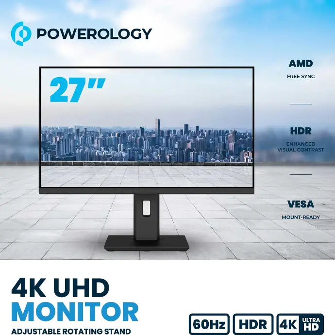 Powerology 27" 4K UHD Monitor Adjustable Rotating Stand - Black