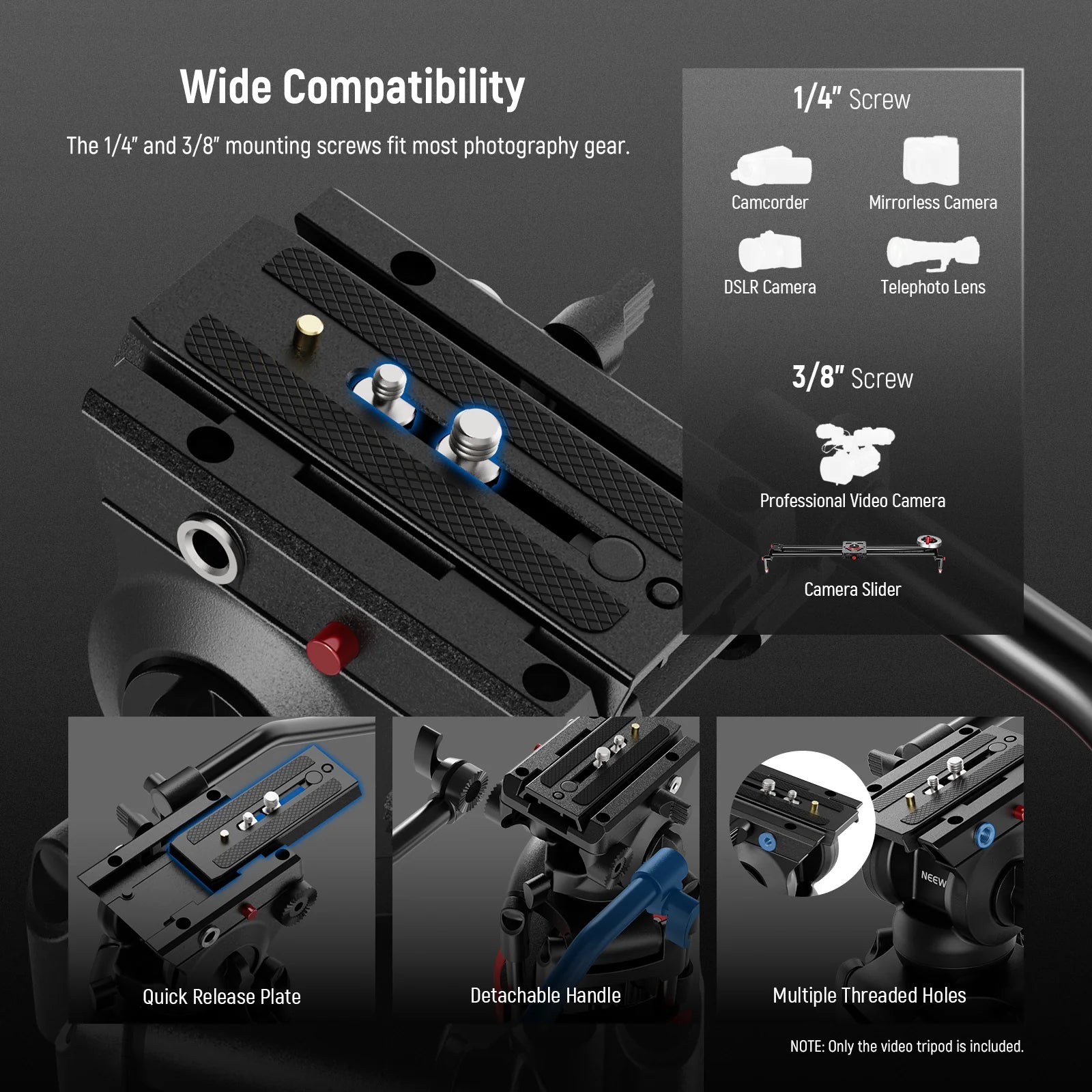 Neewer TP37 Adjustable Video Tripod with Fluid Head
