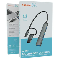 Porodo Blue 4-In-1 Multi-Port USB Hub with USB-A and USB-C Heads - Gray