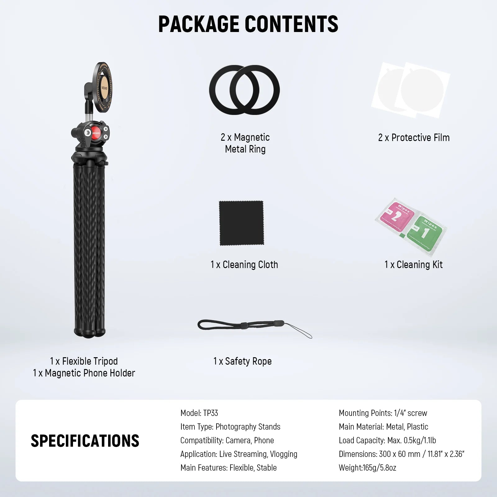 Neewer T30 Flexible Tripod with Magnetic Phone Holder