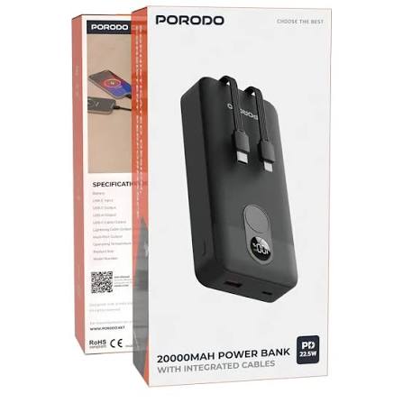 Porodo 10000mAh Power Bank with Built-in USB-C and Lightning Cables
