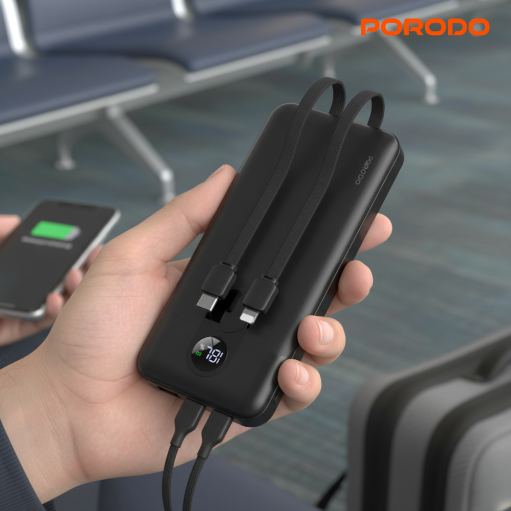 Porodo 10000mAh Power Bank with Built-in USB-C and Lightning Cables