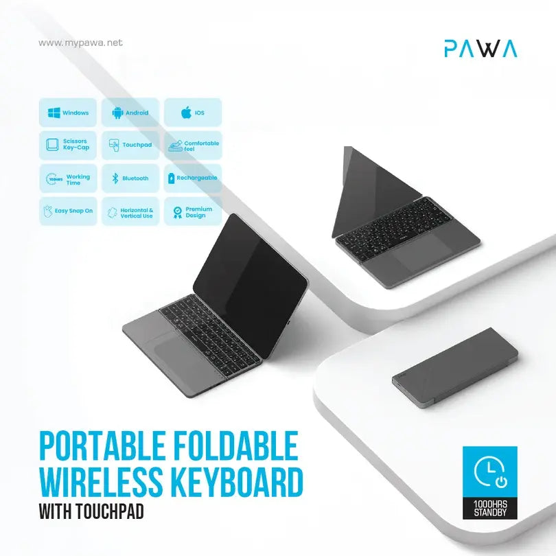Pawa PW-PKW2T5F2-GY Portable Foldable Wireless Keyboard with Touchpad