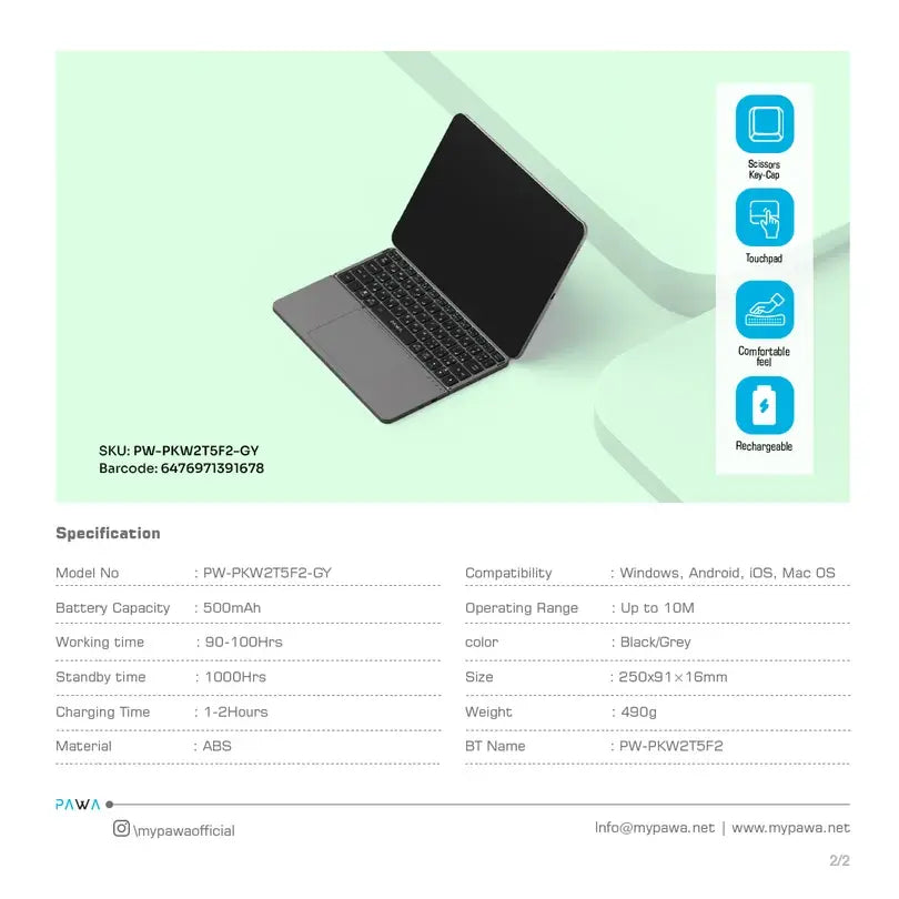 Pawa PW-PKW2T5F2-GY Portable Foldable Wireless Keyboard with Touchpad