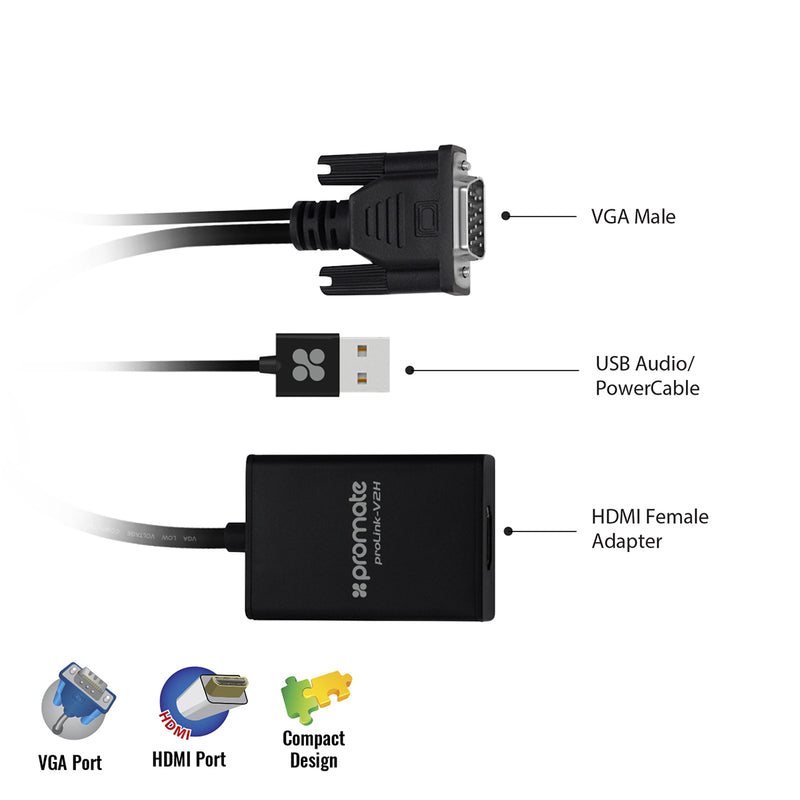 Promate proLink-V2H VGA to HDMI 1080p Display Adapter