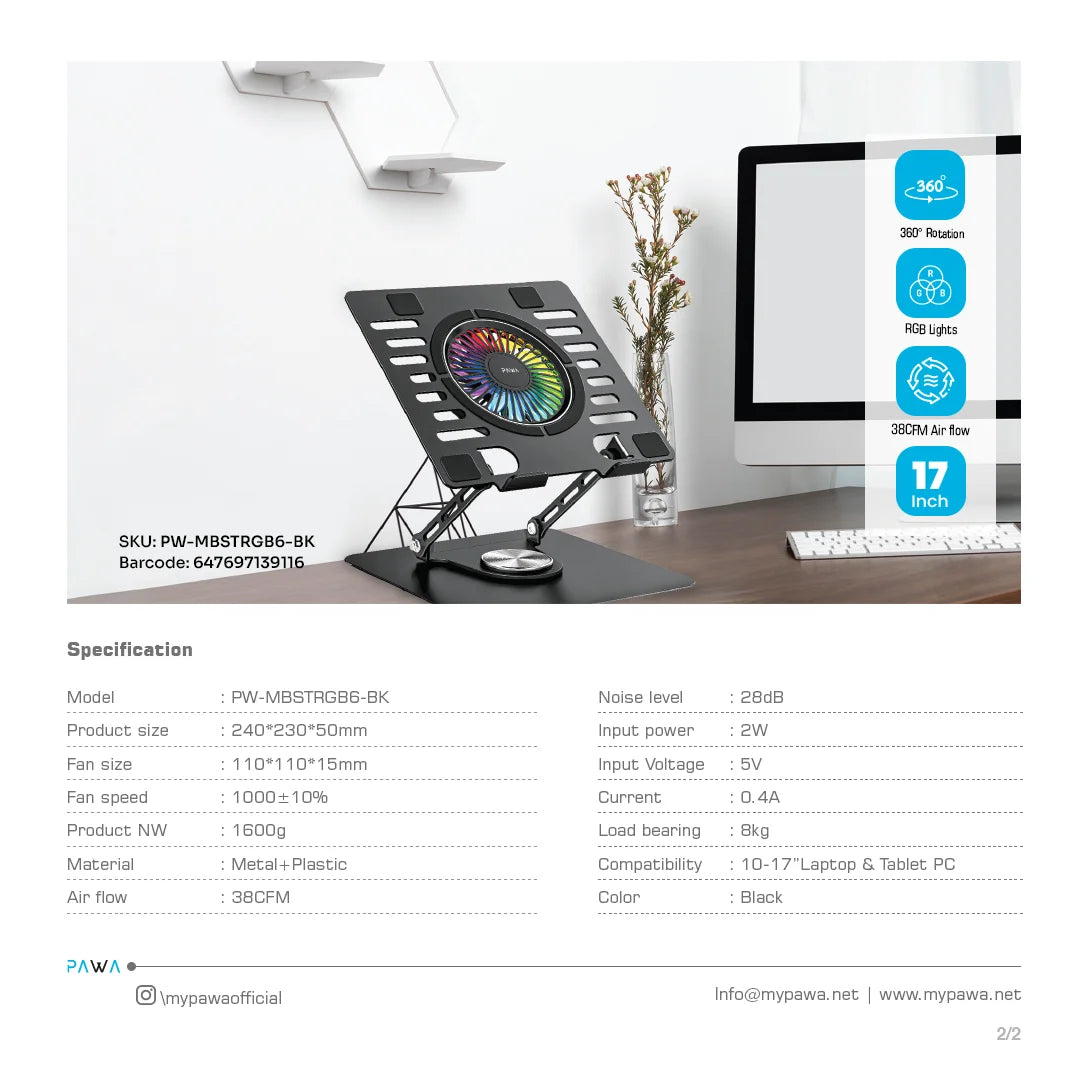 Pawa MBST Laptop Cooling Stand With RGB Light