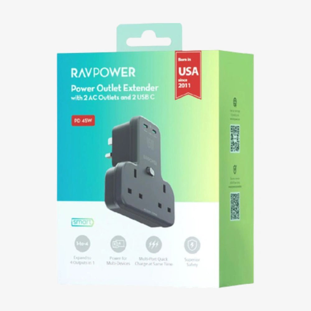 RAVPower GaN 45W Power Outlet Extender with 2 AC Outlets & 2 USB - C - Techty