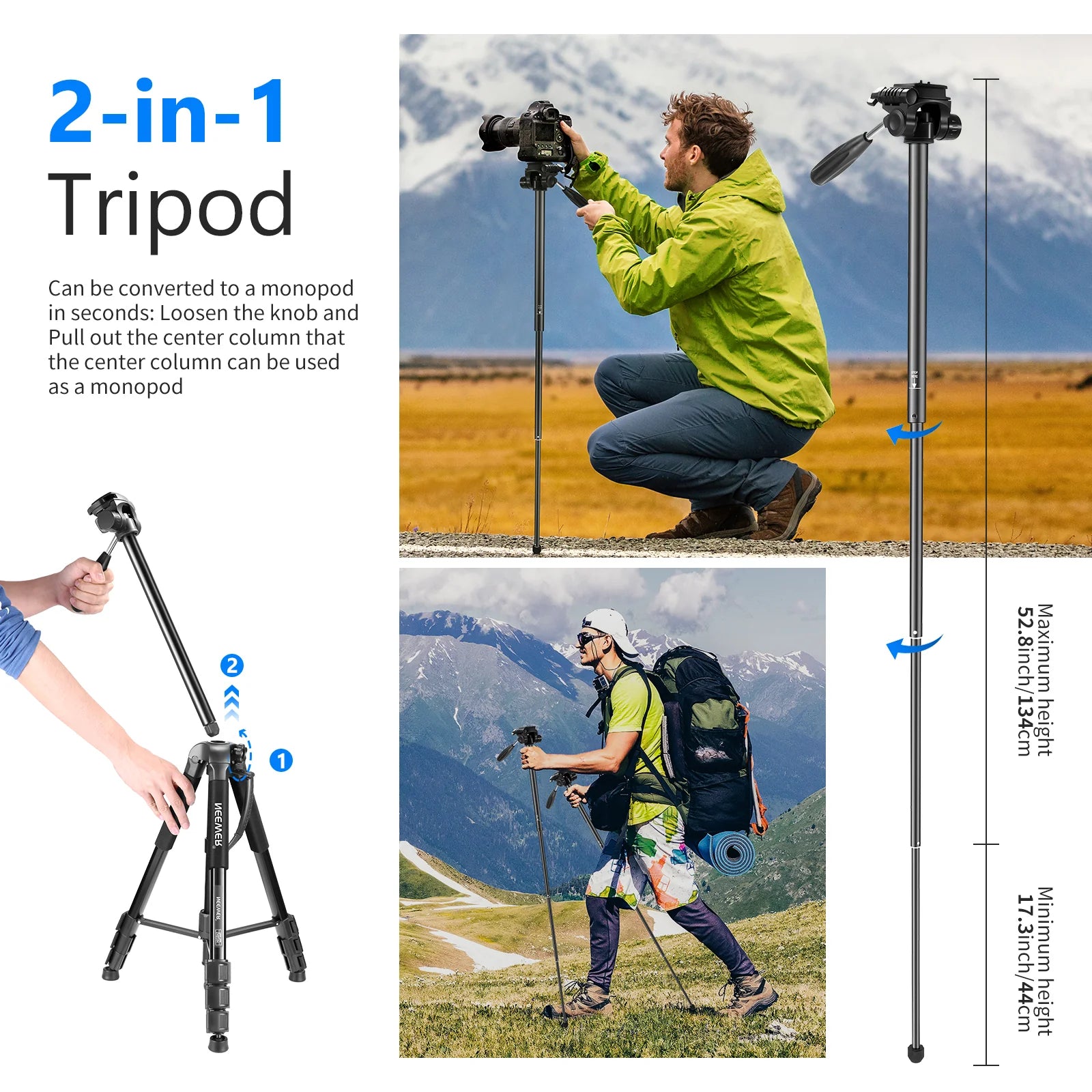 Neewer Aluminum Alloy Camera Tripod Monopod with Pan Head