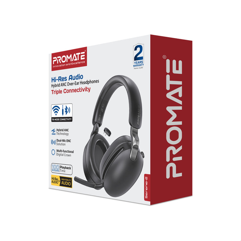 Promate Serene-2 Hybrid ANC Wireless Headphones with Triple Connectivity