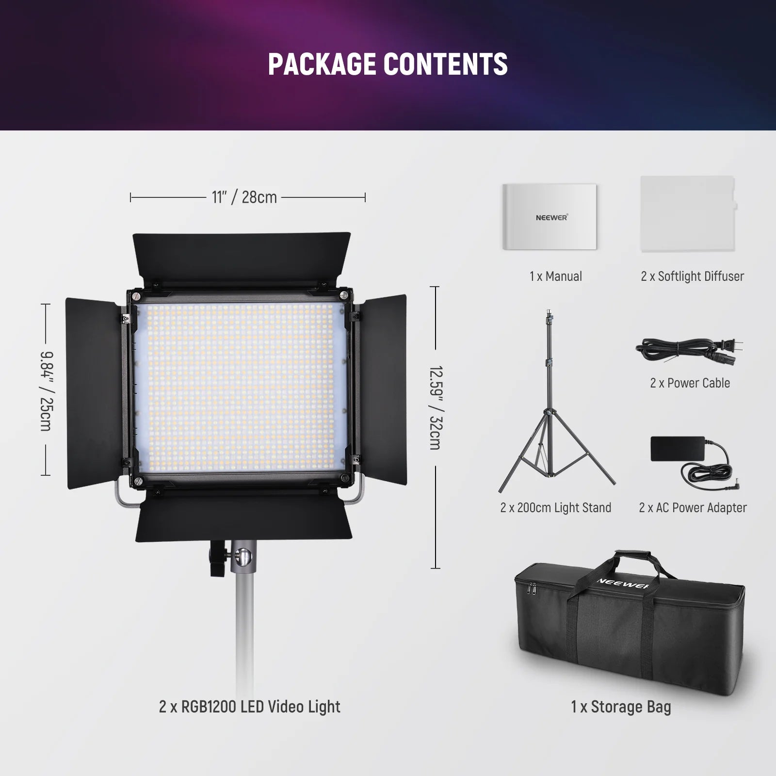 Neewer RGB1200 2-Light LED Video Light Kit with Stands and Bag